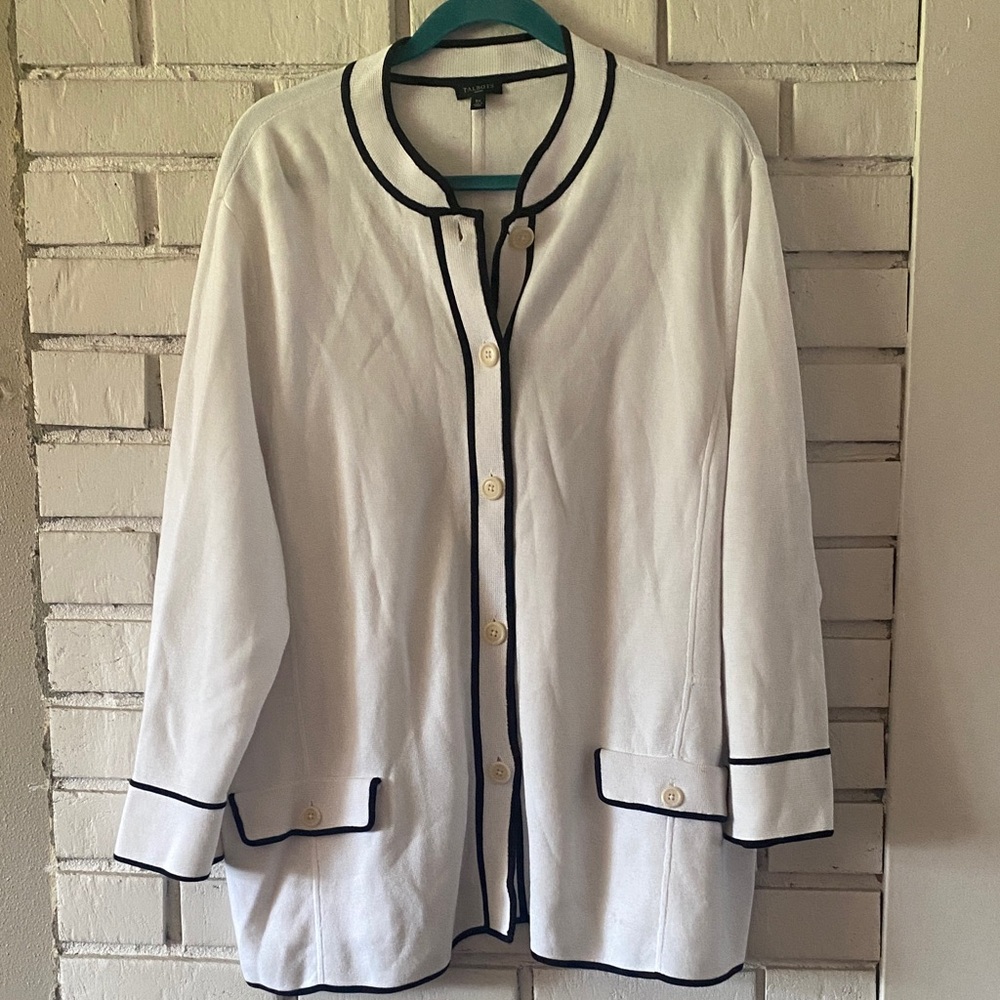 Talbots White Button Front Sweater Black Trim